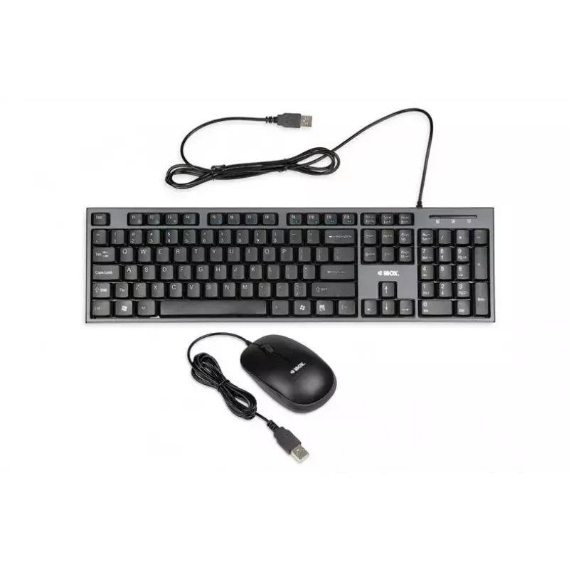 Conjunto de teclado e rato com fios IBOX IKMS606 — teclado QWERTY tamanho completo inglês do Reino Unido, USB, preto, rato 800 DPI