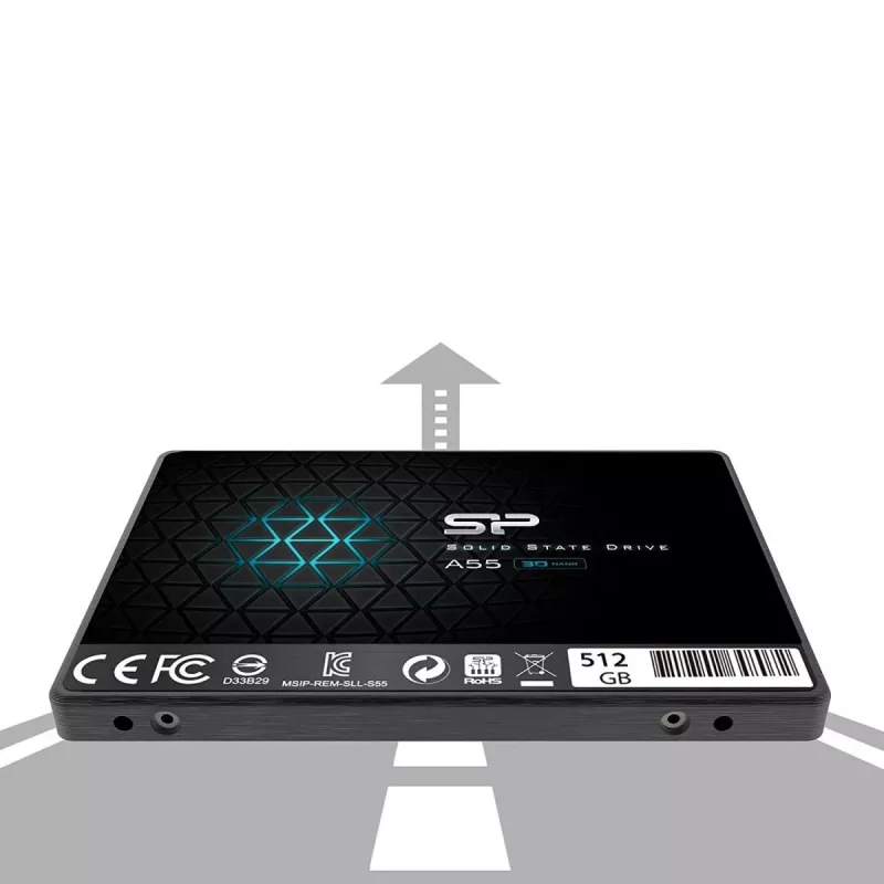 SSD SATA III de 2,5 polegadas Silicon Power Ace A55 — 512 GB, 3D TLC, até 560/530 MB/s, 7 mm, preto