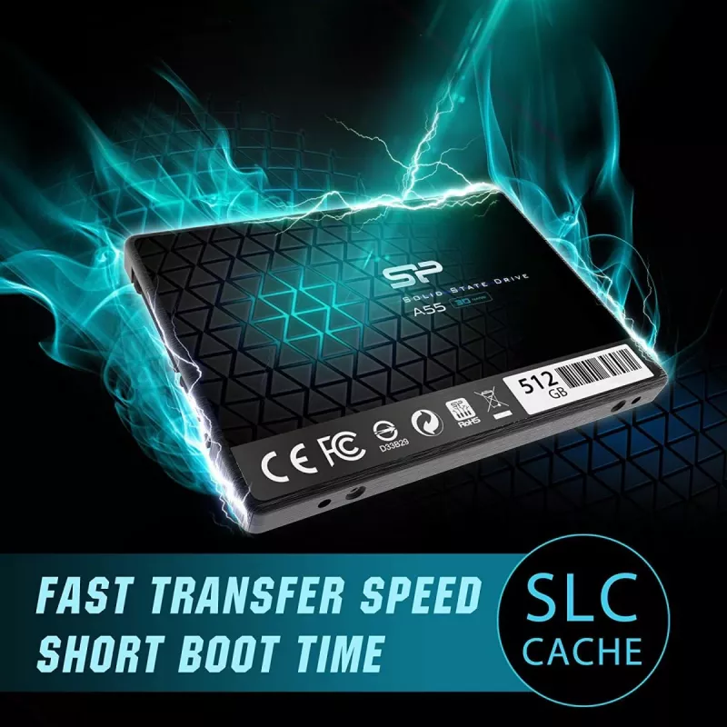 SSD SATA III de 2,5 polegadas Silicon Power Ace A55 — 512 GB, 3D TLC, até 560/530 MB/s, 7 mm, preto