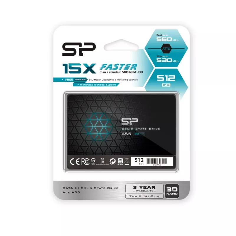 SSD SATA III de 2,5 polegadas Silicon Power Ace A55 — 512 GB, 3D TLC, até 560/530 MB/s, 7 mm, preto