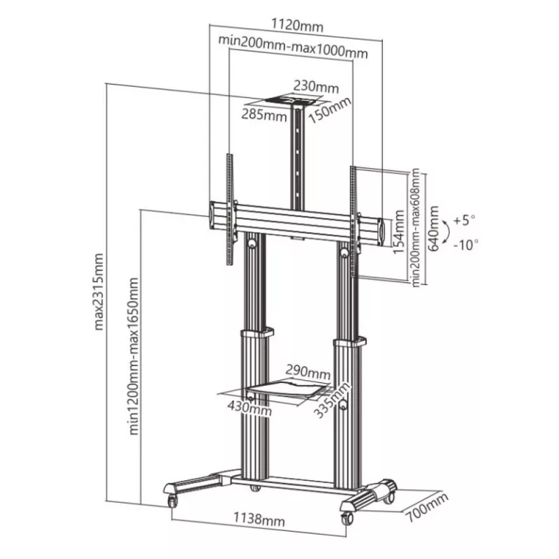 Techly ICA-TR24 suporte de TV móvel, 60-100 polegadas, 100 kg, com prateleiras