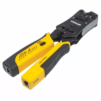 Alicate de cravar e testador de cabos universal modular Intellinet, alicate e testador de cabos 2 em 1: corta, descarna, termina e testa, RJ45/RJ11/RJ12/RJ22