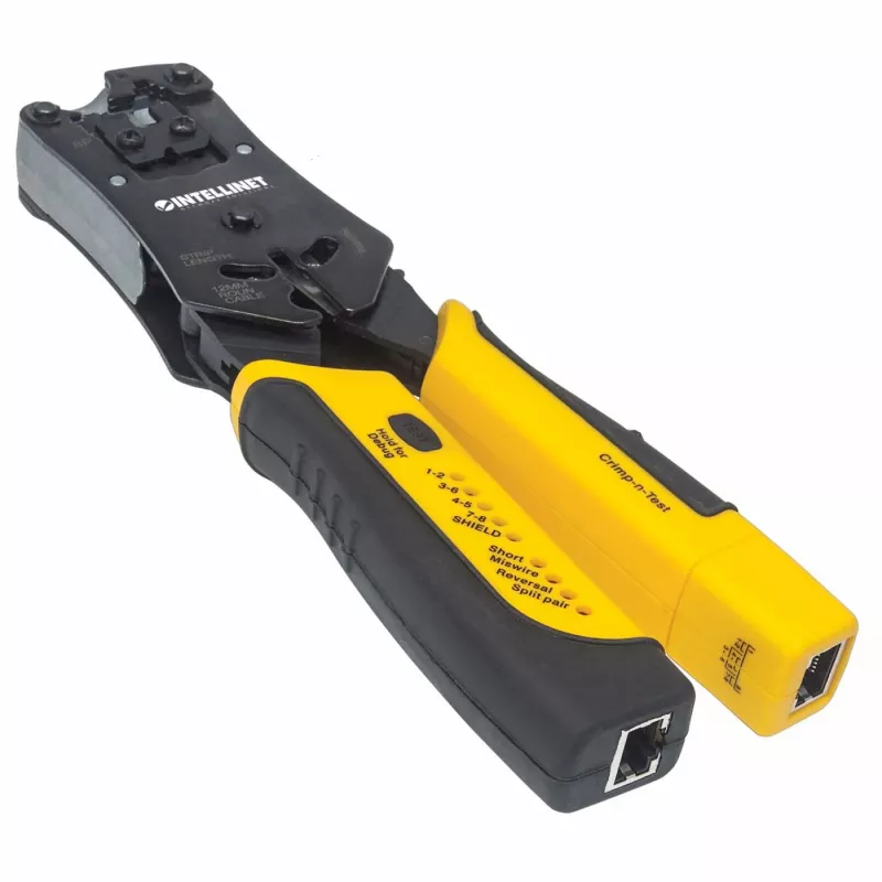 Alicate de cravar e testador de cabos universal modular Intellinet, alicate e testador de cabos 2 em 1: corta, descarna, termina e testa, RJ45/RJ11/RJ12/RJ22