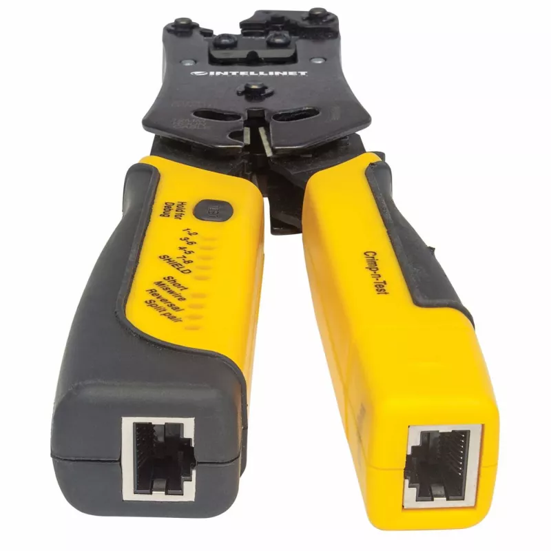 Alicate de cravar e testador de cabos universal modular Intellinet, alicate e testador de cabos 2 em 1: corta, descarna, termina e testa, RJ45/RJ11/RJ12/RJ22