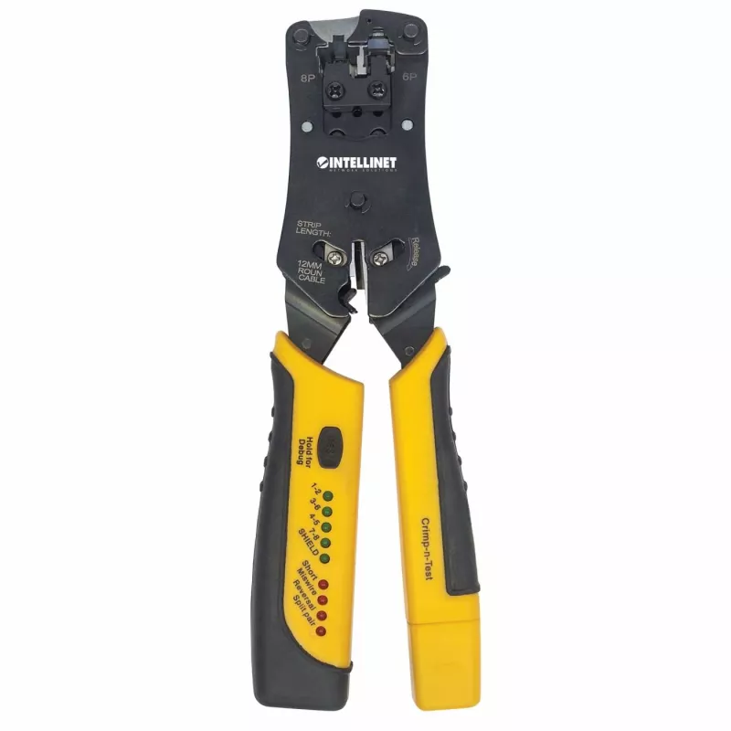 Alicate de cravar e testador de cabos universal modular Intellinet, alicate e testador de cabos 2 em 1: corta, descarna, termina e testa, RJ45/RJ11/RJ12/RJ22