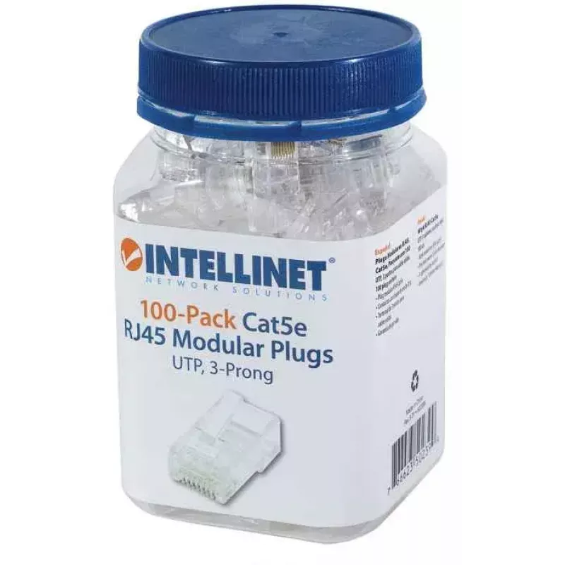Ficha modular RJ45 Intellinet, Cat5e, UTP, 3 dentes, para condutor maciço, contactos banhados a ouro de 15 µ, pack de 100