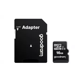 Cartão de memória MicroSDHC GOODRAM 16 GB Class 10 UHS-I (U1), leitura 100 MB/s, escrita 10 MB/s, proteção magnética, com adaptador SD