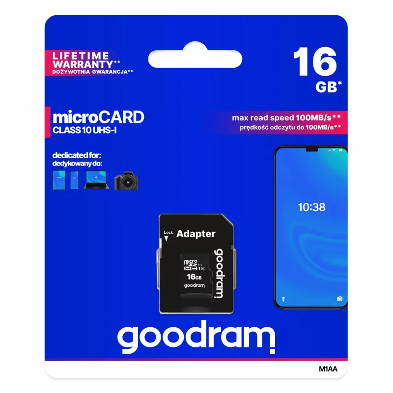 Cartão de memória MicroSDHC GOODRAM 16 GB Class 10 UHS-I (U1), leitura 100 MB/s, escrita 10 MB/s, proteção magnética, com adaptador SD