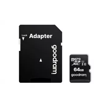 Cartão de memória MicroSDXC GOODRAM 64 GB UHS-I Class 10 (U1), velocidade de leitura 100 MB/s, velocidade de escrita 10 MB/s, com adaptador SD, preto