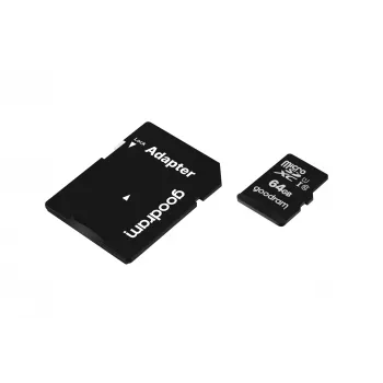 Cartão de memória MicroSDXC GOODRAM 64 GB UHS-I Class 10 (U1), velocidade de leitura 100 MB/s, velocidade de escrita 10 MB/s, com adaptador SD, preto