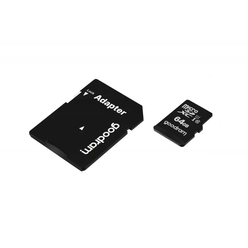 Cartão de memória MicroSDXC GOODRAM 64 GB UHS-I Class 10 (U1), velocidade de leitura 100 MB/s, velocidade de escrita 10 MB/s, com adaptador SD, preto