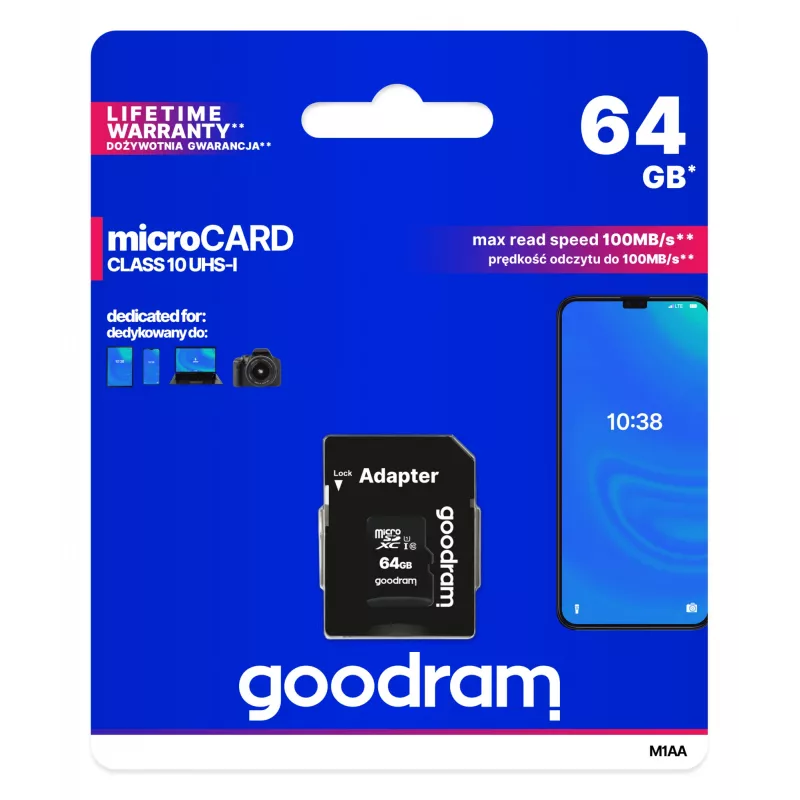 Cartão de memória MicroSDXC GOODRAM 64 GB UHS-I Class 10 (U1), velocidade de leitura 100 MB/s, velocidade de escrita 10 MB/s, com adaptador SD, preto