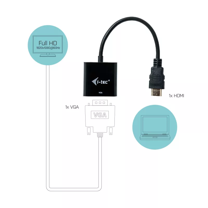 Adaptador de cabo i-tec HDMI para VGA, 0.15 m, HDMI, VGA, macho, fêmea, 1920 x 1080 pixels
