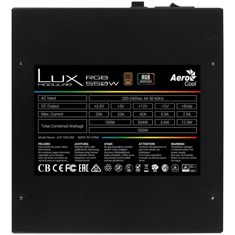 Fonte de alimentação modular para PC Aerocool LUXRGB550M RGB 550W 80Plus Bronze 230V preto