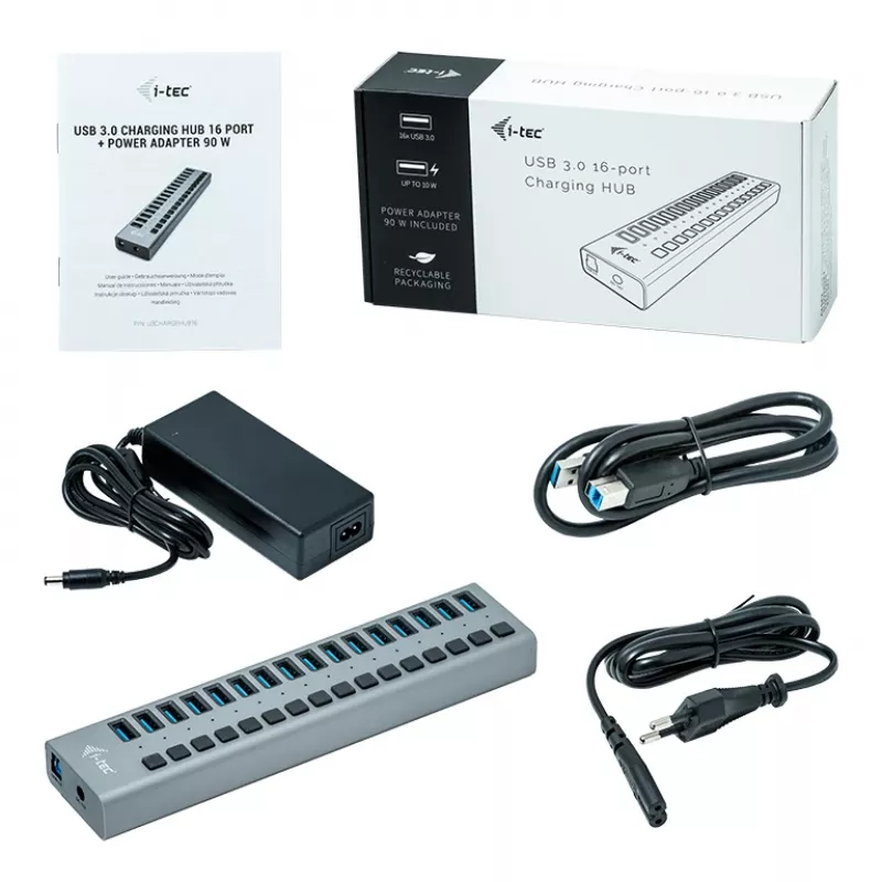 Hub de carregamento i-tec USB 3.0 16 portas + fonte de alimentação 90 W