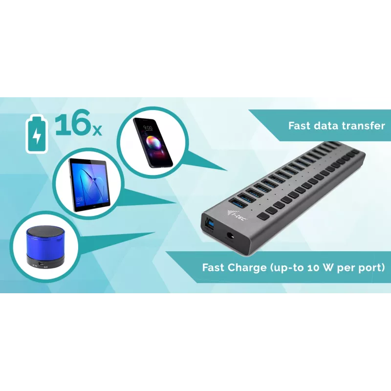 Hub de carregamento i-tec USB 3.0 16 portas + fonte de alimentação 90 W