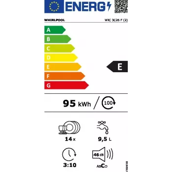 Máquina de lavar loiça semi-integrada WHIRLPOOL WIC 3C26 F — 60 cm, 14 conjuntos de louça, 46 dB, classe energética E