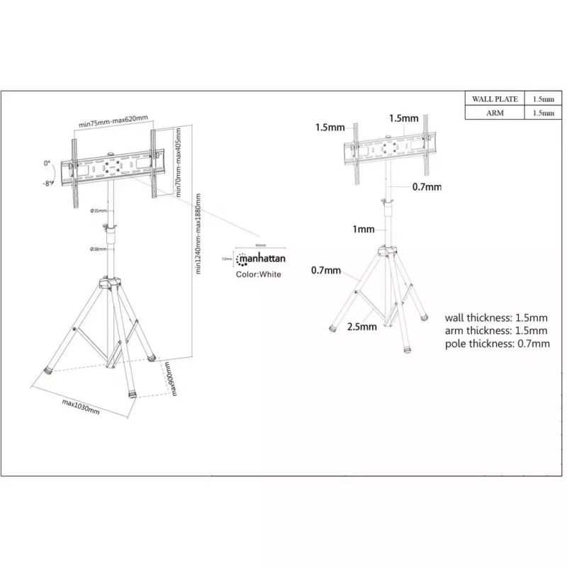 Suporte de chão tripé Manhattan para TV e monitores, montagem em suporte, para ecrãs: 37 polegadas a 65 polegadas, compatibilidade VESA: tudo entre 200x200 e 600x400mm - verifique as dimensões dos quatro orifícios de montagem na parte traseira do ecrã para garantir que encaixa, máx. 35kg, preto, LFD, suporte
