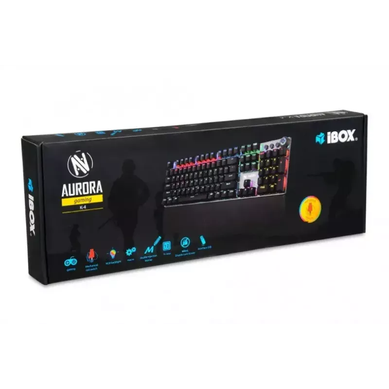 Teclado mecânico gaming com fios IBOX AURORA K-4 — QWERTY, 108 teclas, retroiluminação LED ajustável, à prova de água, USB, cabo 1,6 m