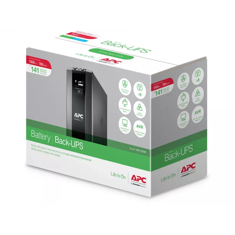 APC Back-UPS Pro, 1300VA/780W, torre, 230V, 8x tomadas IEC C13, AVR, LCD, bateria substituível pelo utilizador