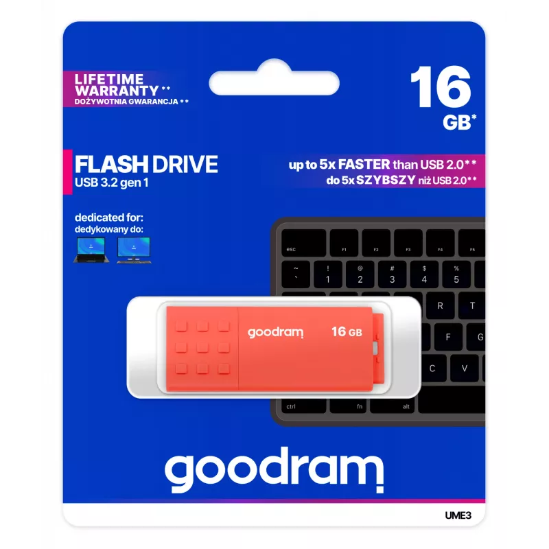 Pen USB GOODRAM UME3 16 GB USB Type-A 3.2 Gen 1 (laranja), 60/20 MB/s, caixa de plástico sem tampa