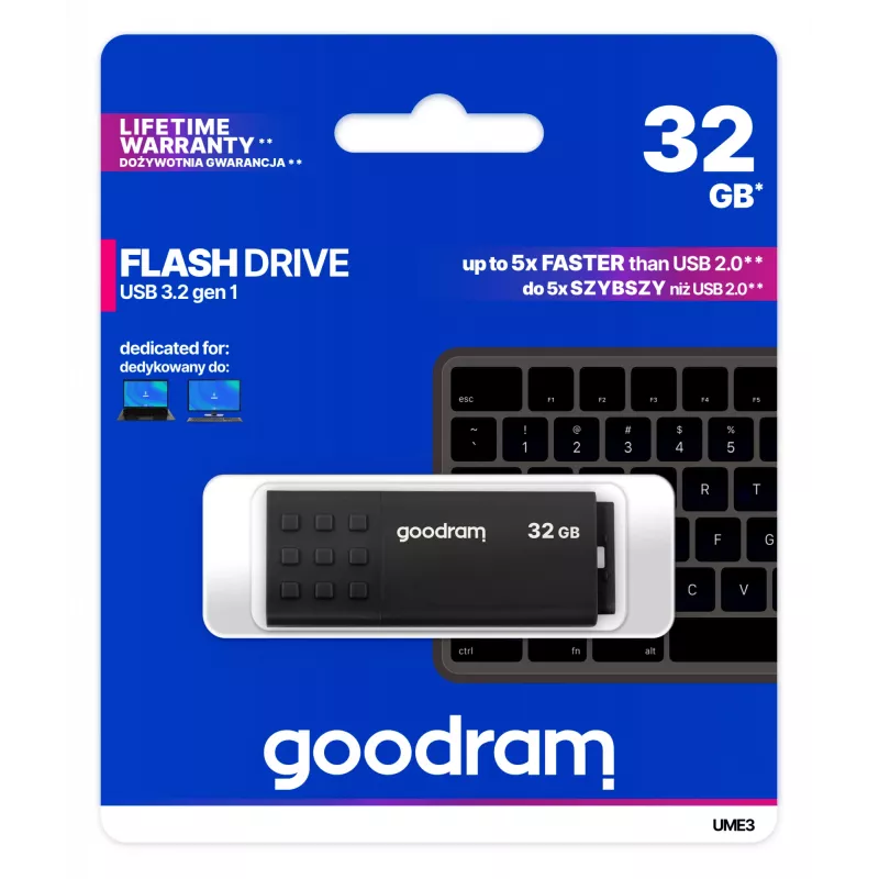 Pen USB GOODRAM UME3 32 GB, USB Type-A 3.2 Gen 1, preto, 51×21×9,6 mm