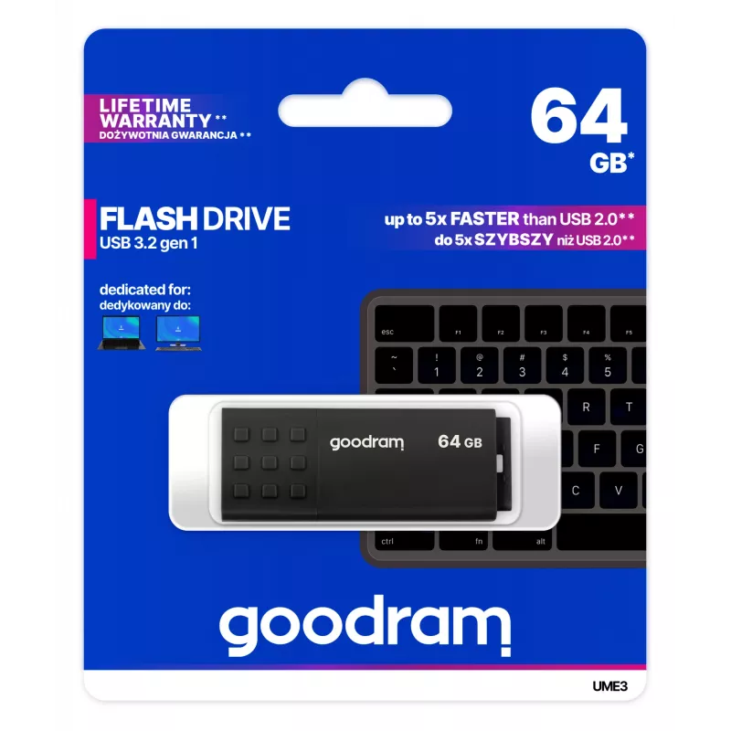 Pen USB GOODRAM UME3 64 GB USB Type-A 3.2 Gen 1, leitura 60 MB/s, escrita 20 MB/s, preto