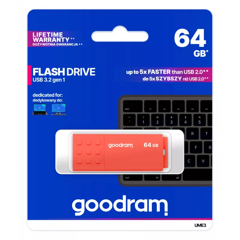 Pen USB GOODRAM UME3 64GB USB Type-A 3.2 Gen 1, laranja, 60MB/s leitura, 20MB/s escrita