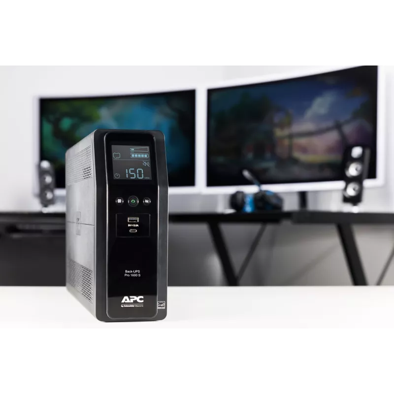 APC Back-UPS Pro, 1600VA/960W, torre, 230V, 8x tomadas IEC C13, onda sinusoidal, AVR, portas USB Type A + C, LCD, bateria substituível pelo utilizador