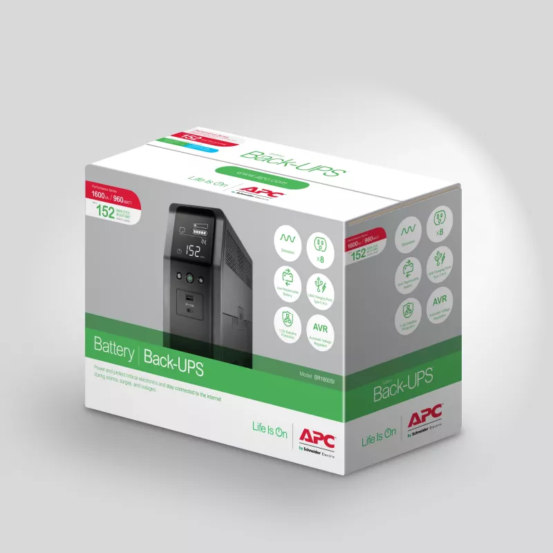APC Back-UPS Pro, 1600VA/960W, torre, 230V, 8x tomadas IEC C13, onda sinusoidal, AVR, portas USB Type A + C, LCD, bateria substituível pelo utilizador