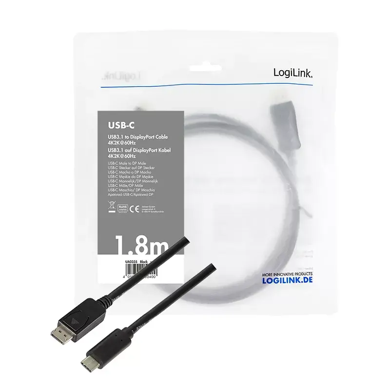 Adaptador de cabo de vídeo LogiLink UA0335 1,8 m USB Type-C DisplayPort preto