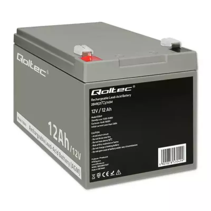 Bateria UPS QOLTEC 53049, VRLA AGM 12 V 12 Ah, cinzento, 150×98×95 mm