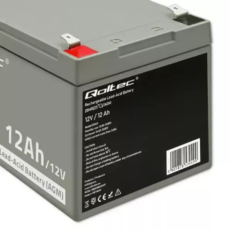 Bateria UPS QOLTEC 53049, VRLA AGM 12 V 12 Ah, cinzento, 150×98×95 mm