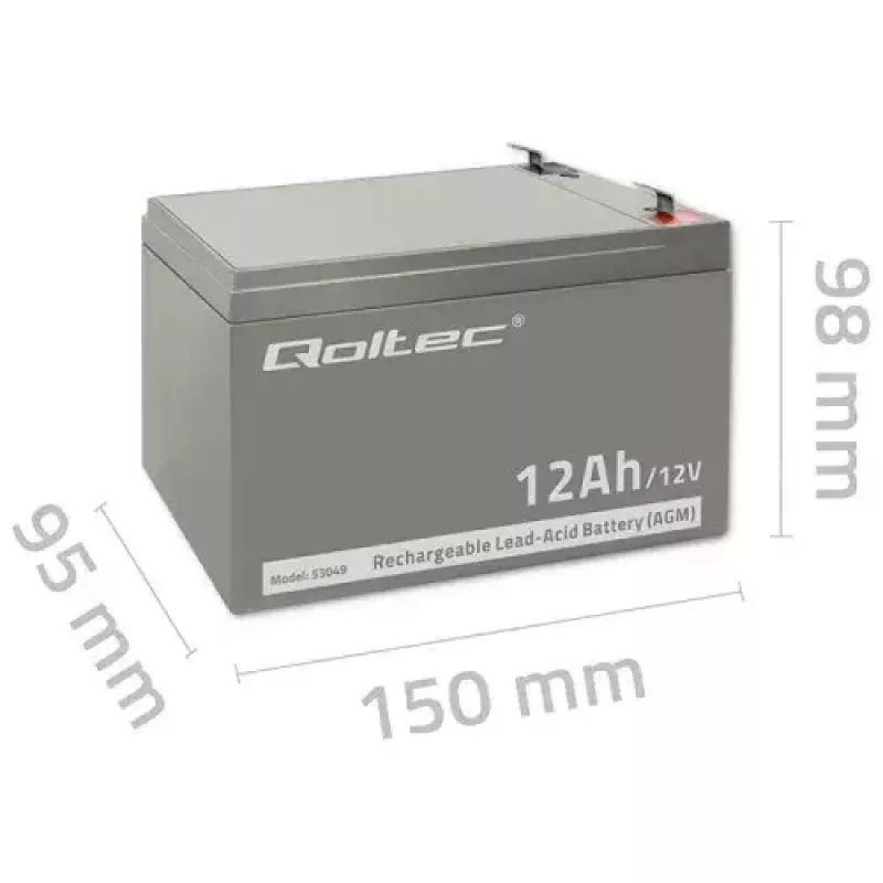 Bateria UPS QOLTEC 53049, VRLA AGM 12 V 12 Ah, cinzento, 150×98×95 mm