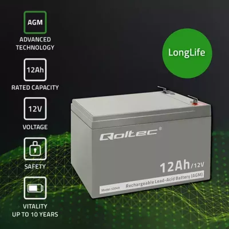 Bateria UPS QOLTEC 53049, VRLA AGM 12 V 12 Ah, cinzento, 150×98×95 mm
