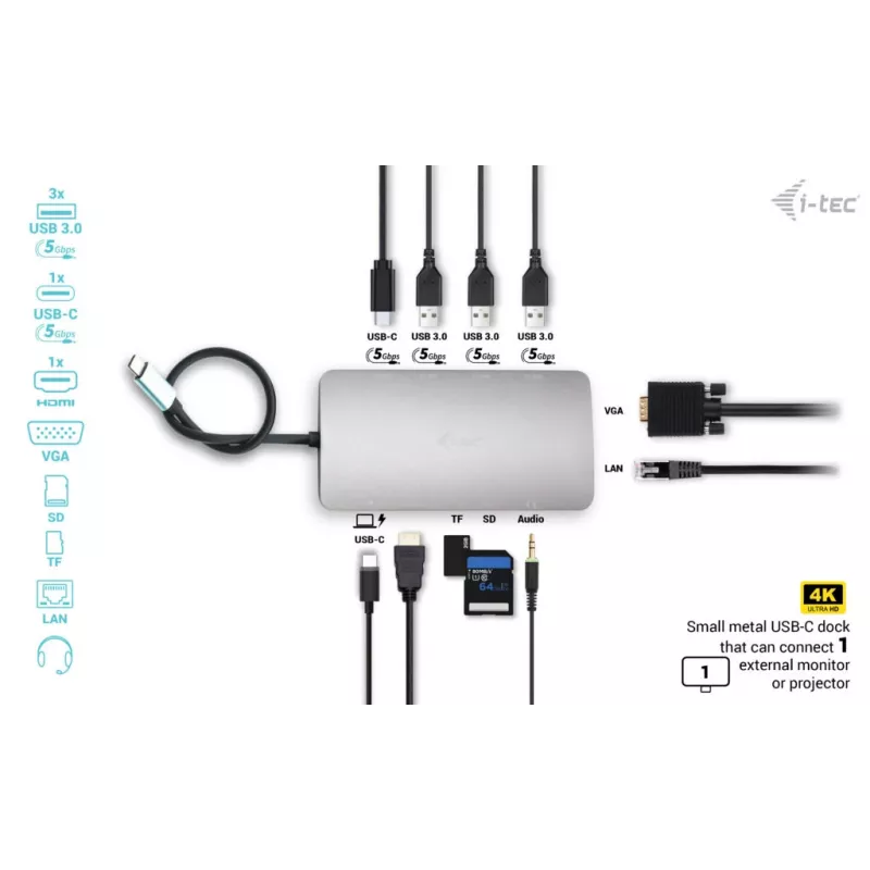 Docking station i-tec Metal USB-C Travel Nano Dock HDMI/VGA com LAN + Power Delivery 100 W