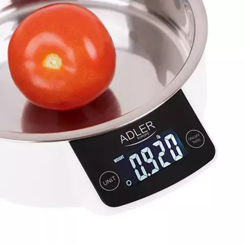 Adler AD 3166 balança de cozinha eletrónica com taça, 5 kg, graduação de 1 g, LCD, função de tara, aço inoxidável, branca