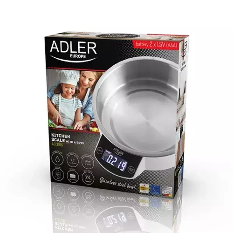 Adler AD 3166 balança de cozinha eletrónica com taça, 5 kg, graduação de 1 g, LCD, função de tara, aço inoxidável, branca