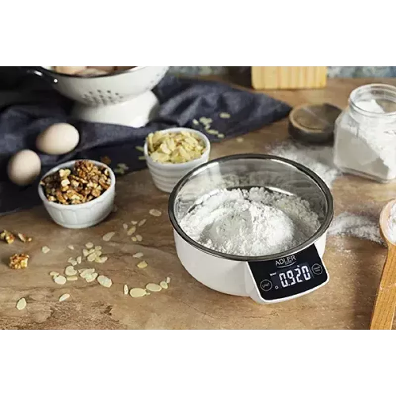 Adler AD 3166 balança de cozinha eletrónica com taça, 5 kg, graduação de 1 g, LCD, função de tara, aço inoxidável, branca