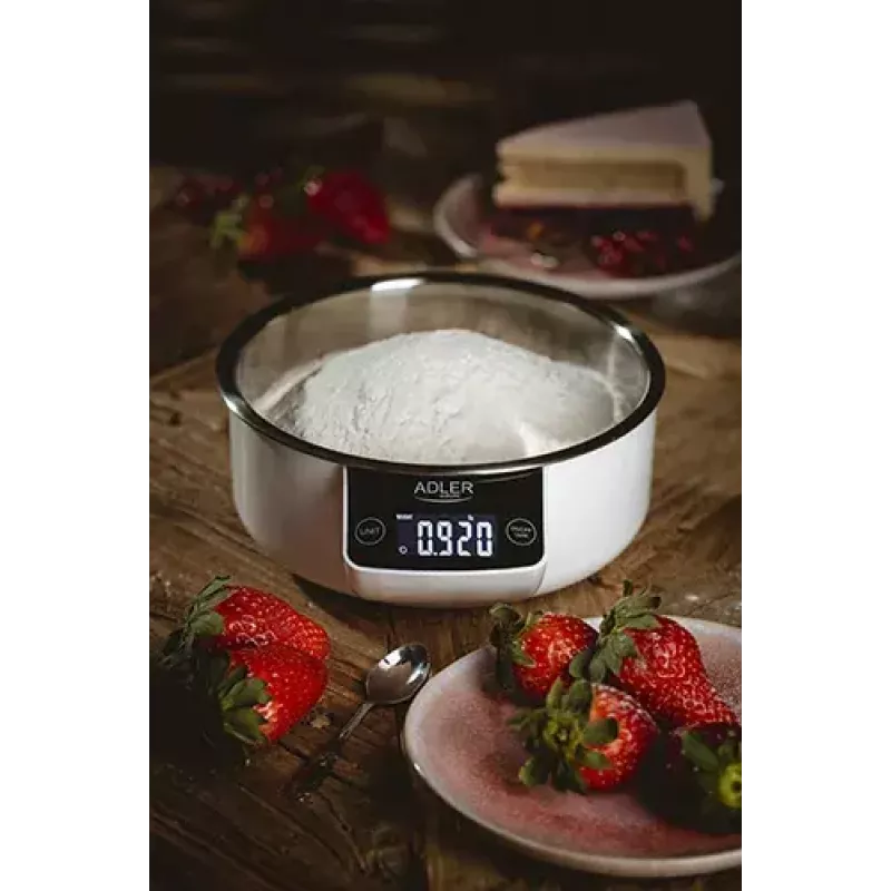Adler AD 3166 balança de cozinha eletrónica com taça, 5 kg, graduação de 1 g, LCD, função de tara, aço inoxidável, branca
