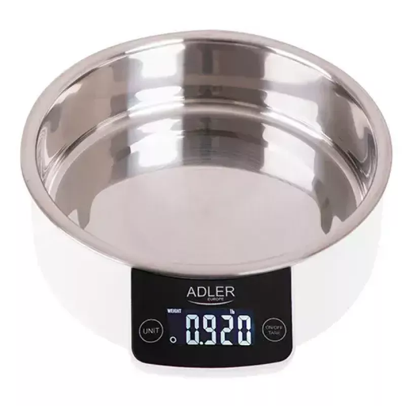 Adler AD 3166 balança de cozinha eletrónica com taça, 5 kg, graduação de 1 g, LCD, função de tara, aço inoxidável, branca