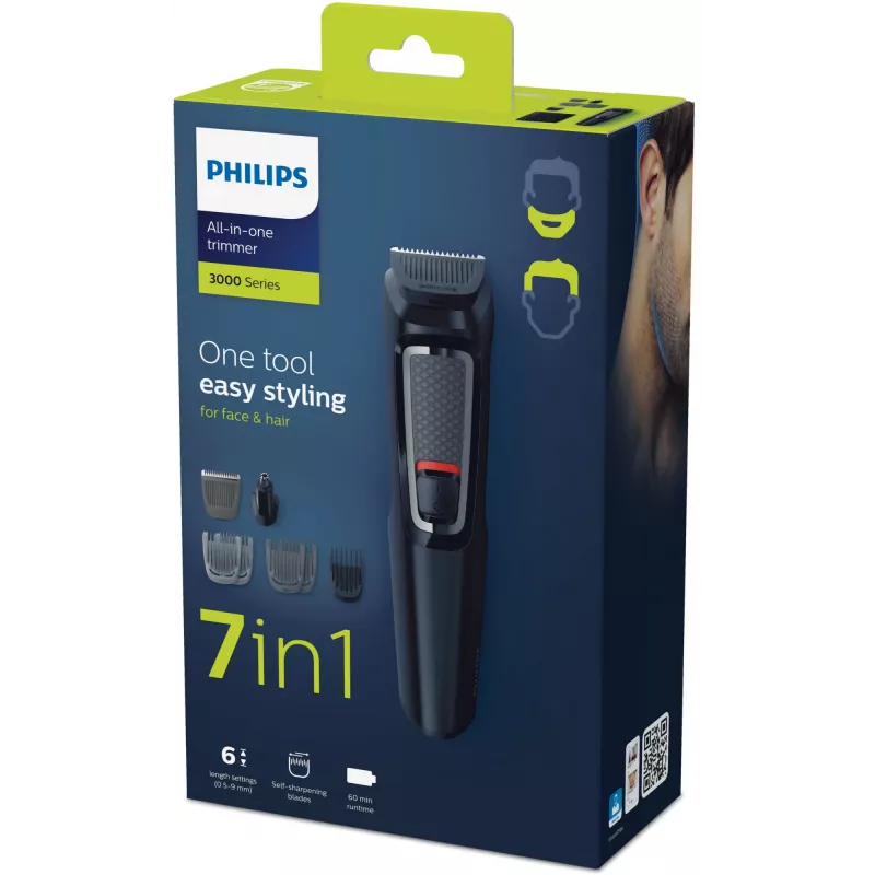 Aparador multigroom Philips MG3720/15 7-em-1 — 7 pentes de encaixe, lâminas de aço inoxidável, 60 min. de autonomia, bateria NiMH, preto
