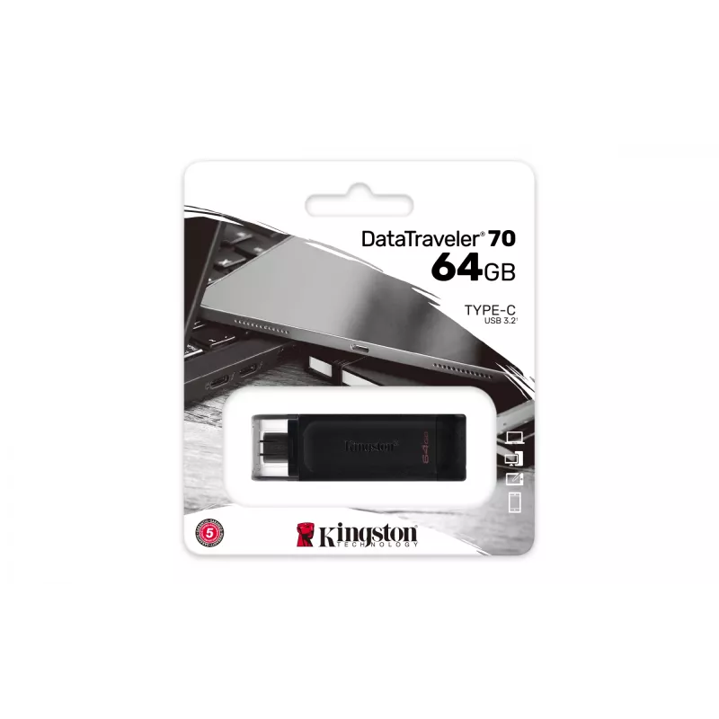 Kingston Technology DataTraveler 64GB USB-C 3.2 Gen 1 70, 64 GB, USB Type-C, 3.2 Gen 1 (3.1 Gen 1), tampa, 7 g, preto