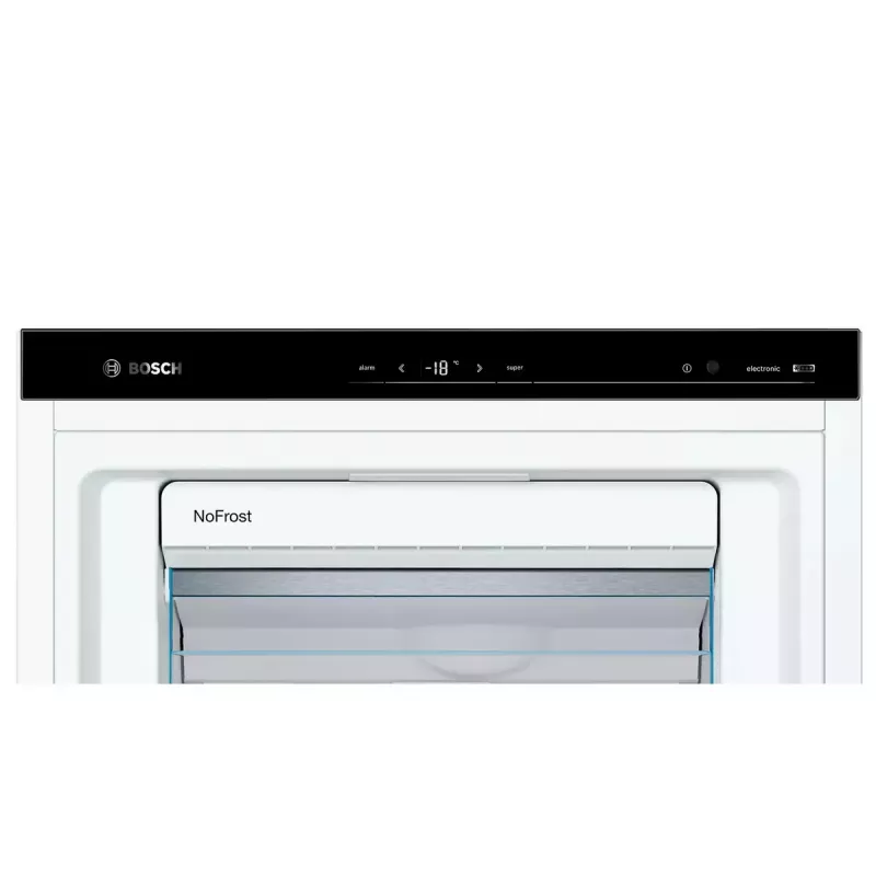 Congelador vertical Bosch Serie 6 GSN54AWDV — 328 L líquidos, NoFrost, FastFreeze, ecrã LED, branco