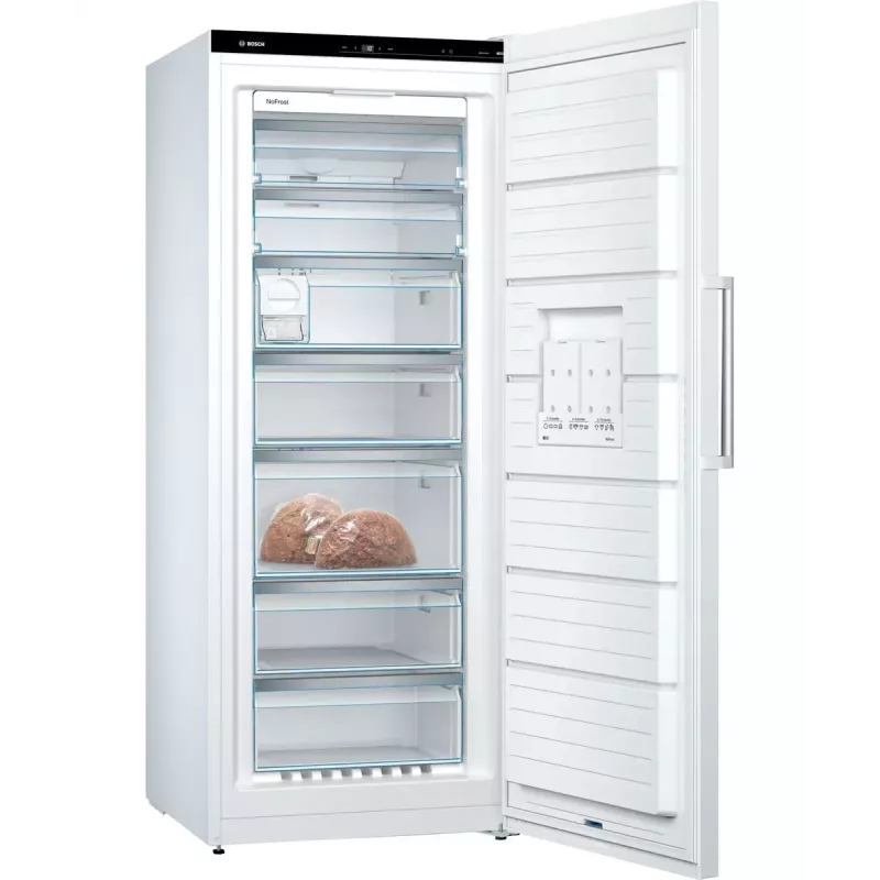 Congelador vertical Bosch Serie 6 GSN54AWDV — 328 L líquidos, NoFrost, FastFreeze, ecrã LED, branco