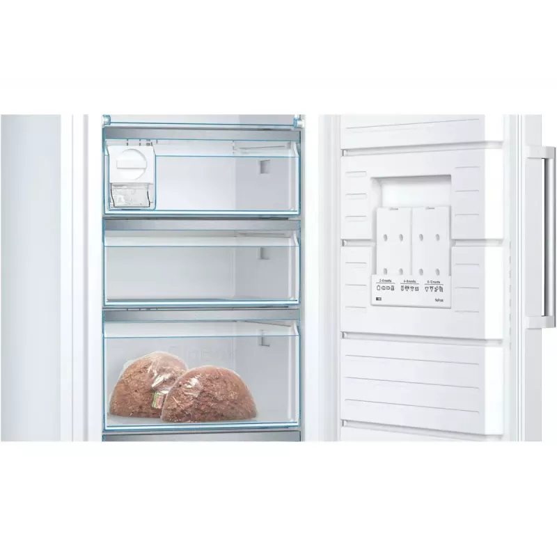 Congelador vertical Bosch Serie 6 GSN54AWDV — 328 L líquidos, NoFrost, FastFreeze, ecrã LED, branco