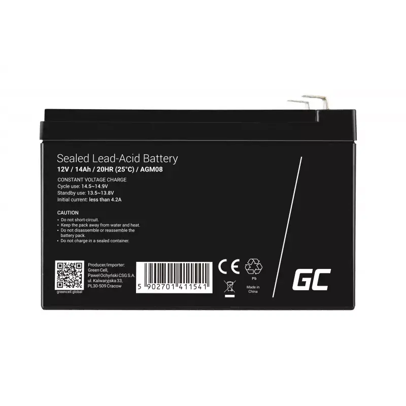 Bateria recarregável AGM de chumbo-ácido selada Green Cell AGM08 12 V 14000 mAh, 98×151×95 mm, 3,45 kg