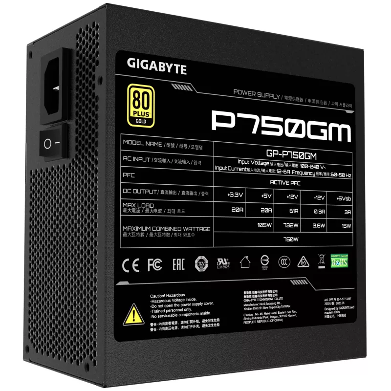 Fonte de alimentação Gigabyte P750GM 750 Watt eficiência 80 PLUS GOLD, PFC ativo, MTBF 100000 horas