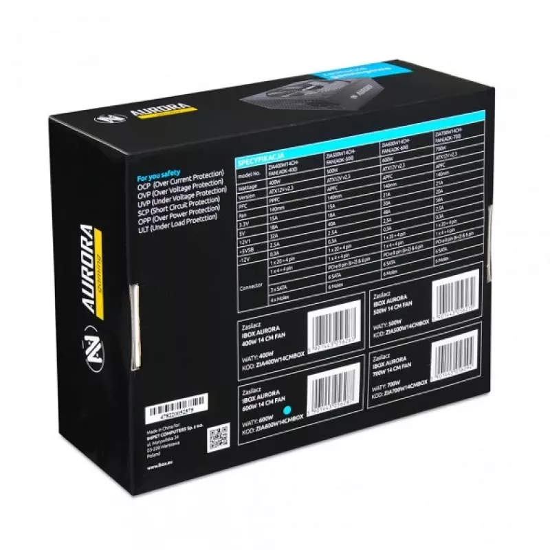Fonte de alimentação IBOX iBox Aurora 600 W 20+4-Pin-ATX, ventoinha de 140 mm, caixa metálica, preta