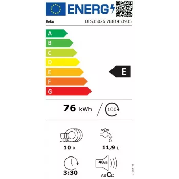 Máquina de lavar loiça de encastrar BEKO DIS35026 — estreita 45 cm, 10 conjuntos de louça, 48 dB, 5 programas, classe energética E